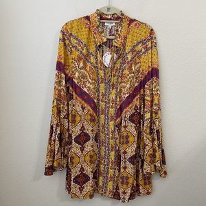 Umgee Dress Womens Large Floral Boho Tie Front Printed Yellow New